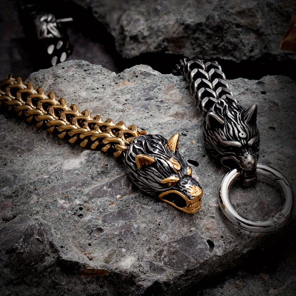 Men's Viking Celtic Wolf Head Mesh Chain Bracelet